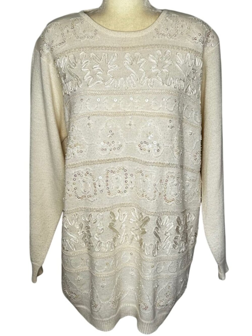 Vintage Alfred Dunner Cream Beaded Sequin Sweater Large Wool Blend 80s